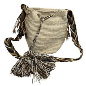 Handwoven Beige Crossbody Bag With Chevron Strap & Tassels lagenlook boho